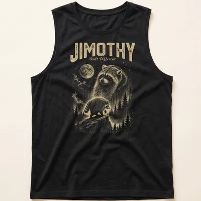 Playful vintage illustration of a raccoon with text 'Jimothy Built Different' — printed on a tank top