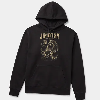 Playful vintage illustration of a raccoon with text 'Jimothy Built Different' — printed on a unisex hoodie