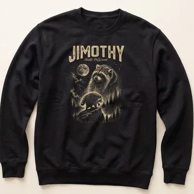 Playful vintage illustration of a raccoon with text 'Jimothy Built Different' — printed on a unisex sweatshirt