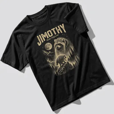 Playful vintage illustration of a raccoon with text 'Jimothy Built Different'