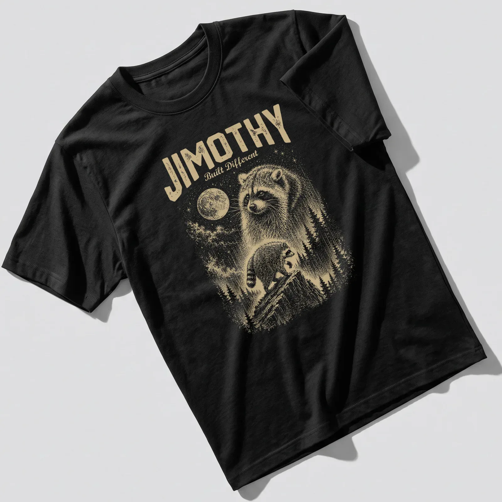 Playful vintage illustration of a raccoon with text 'Jimothy Built Different' — printed on a unisex t-shirt