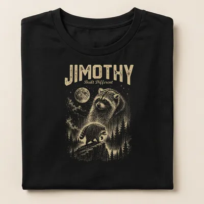 Playful vintage illustration of a raccoon with text 'Jimothy Built Different' — printed on a women's shirt
