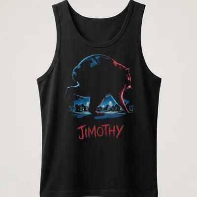 Illustration of raccoon named Jimothy under a moonlit sky in blue and white — printed on a tank top