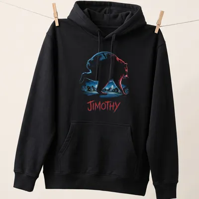 Illustration of raccoon named Jimothy under a moonlit sky in blue and white — printed on a unisex hoodie