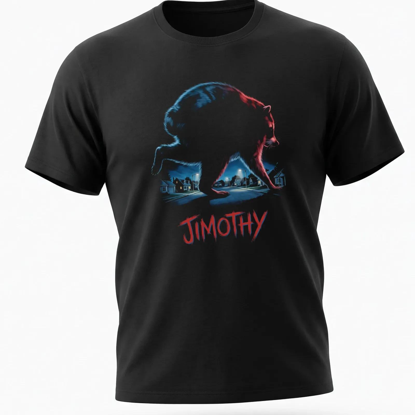 Illustration of raccoon named Jimothy under a moonlit sky in blue and white — printed on a unisex t-shirt