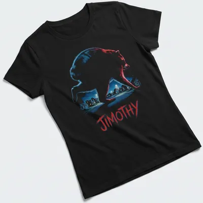 Illustration of raccoon named Jimothy under a moonlit sky in blue and white — printed on a women's shirt