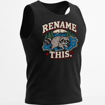 Cartoon raccoon pointing at Lake Ontario with playful text in bright colors — printed on a tank top