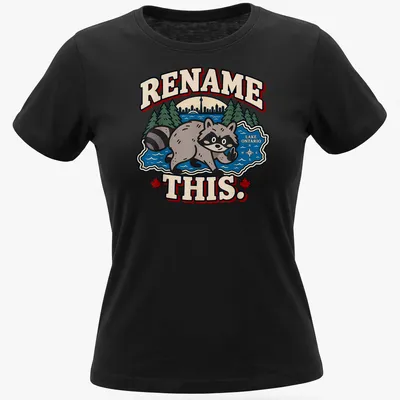 Cartoon raccoon pointing at Lake Ontario with playful text in bright colors — printed on a women's shirt