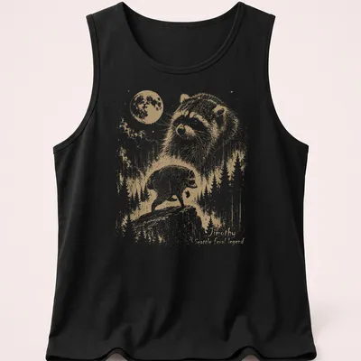 Vintage illustration of a raccoon with text reading Timothy Seattle feral legend — printed on a tank top