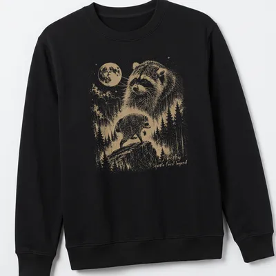 Vintage illustration of a raccoon with text reading Timothy Seattle feral legend — printed on a unisex sweatshirt
