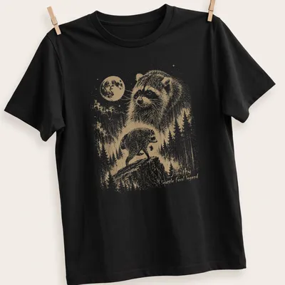 Vintage illustration of a raccoon with text reading Timothy Seattle feral legend — printed on a unisex t-shirt