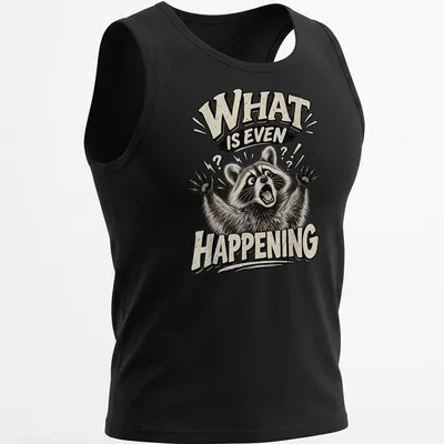 Illustration of a confused raccoon with the text 'WHAT IS EVEN HAPPENING' in bold comic style — printed on a tank top