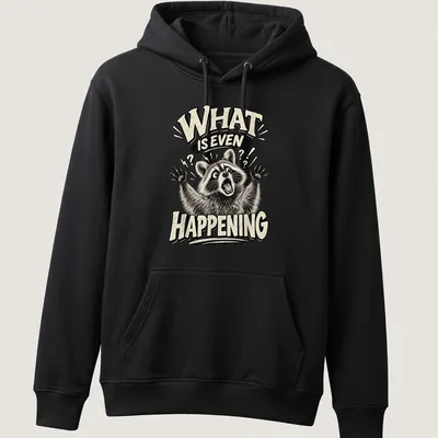 Illustration of a confused raccoon with the text 'WHAT IS EVEN HAPPENING' in bold comic style — printed on a unisex hoodie