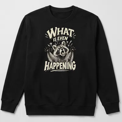 Illustration of a confused raccoon with the text 'WHAT IS EVEN HAPPENING' in bold comic style — printed on a unisex sweatshirt