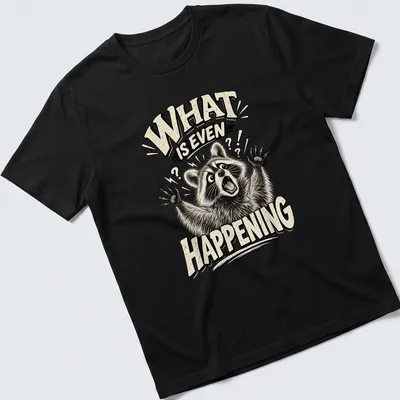 Illustration of a confused raccoon with the text 'WHAT IS EVEN HAPPENING' in bold comic style