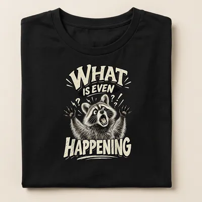 Illustration of a confused raccoon with the text 'WHAT IS EVEN HAPPENING' in bold comic style — printed on a women's shirt