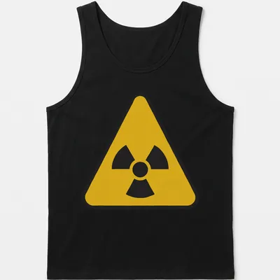Yellow radioactive symbol graphic on a black — printed on a tank top