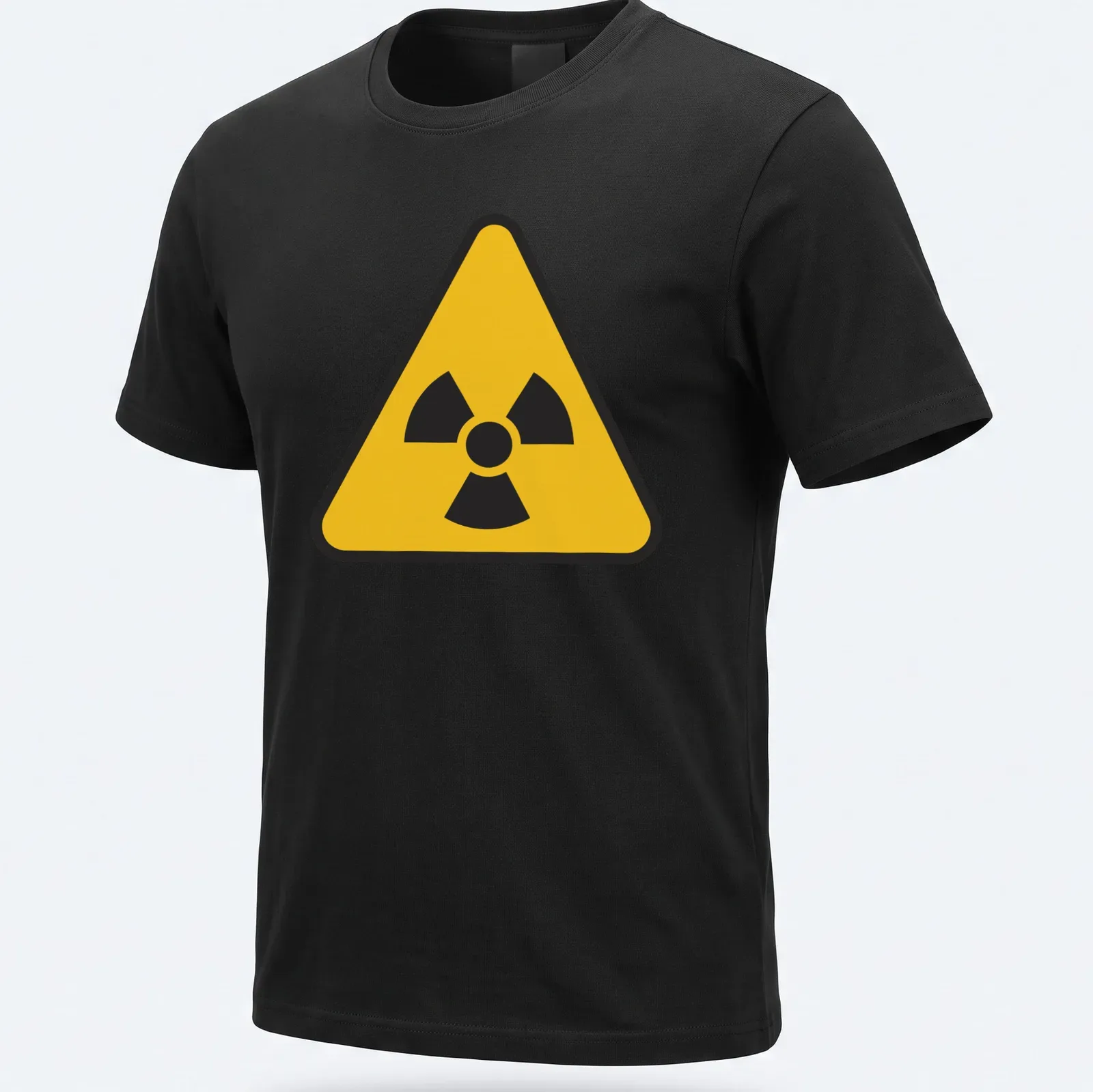 Yellow radioactive symbol graphic on a black — printed on a unisex t-shirt