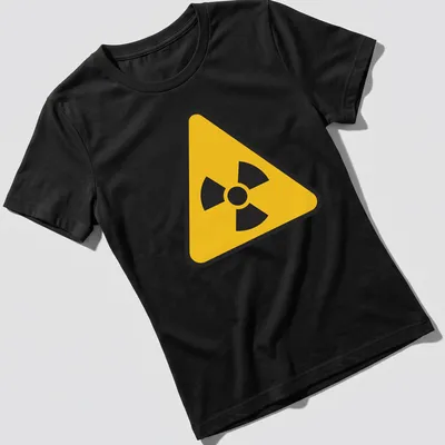 Yellow radioactive symbol graphic on a black — printed on a women's shirt