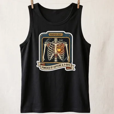 Vintage skeleton holding coffee with text about radiology and caffeine — printed on a tank top