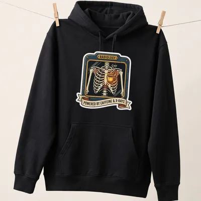 Vintage skeleton holding coffee with text about radiology and caffeine — printed on a unisex hoodie