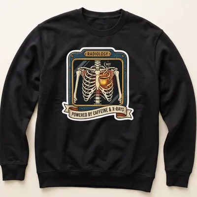 Vintage skeleton holding coffee with text about radiology and caffeine — printed on a unisex sweatshirt