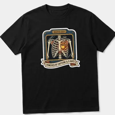 Vintage skeleton holding coffee with text about radiology and caffeine