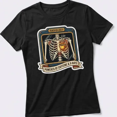 Vintage skeleton holding coffee with text about radiology and caffeine — printed on a women's shirt