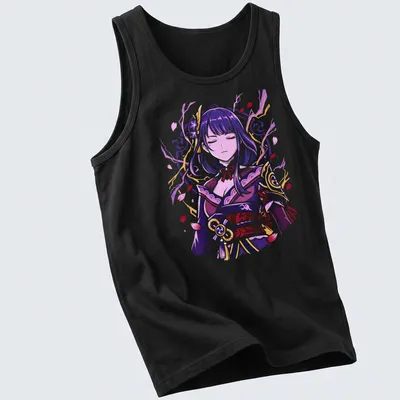 Elegant illustration of Raiden Shogun in purple, pink, gold, and white — printed on a tank top