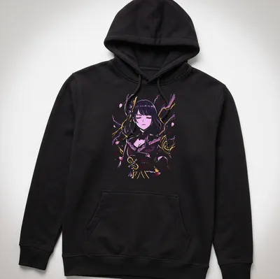 Elegant illustration of Raiden Shogun in purple, pink, gold, and white — printed on a unisex hoodie