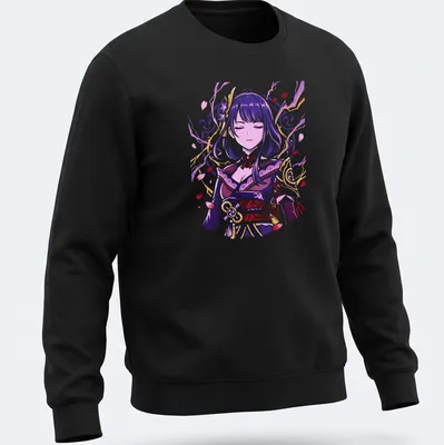 Elegant illustration of Raiden Shogun in purple, pink, gold, and white — printed on a unisex sweatshirt
