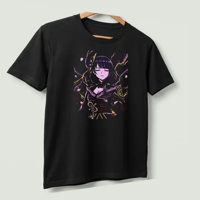 Elegant illustration of Raiden Shogun in purple, pink, gold, and white — printed on a unisex t-shirt (angled view)
