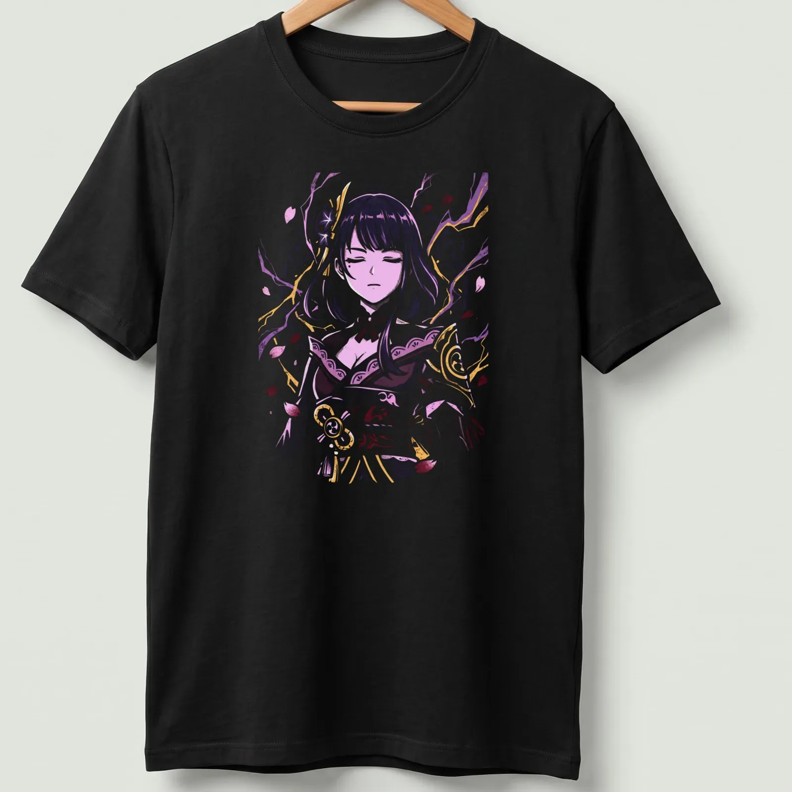 Elegant illustration of Raiden Shogun in purple, pink, gold, and white — printed on a unisex t-shirt
