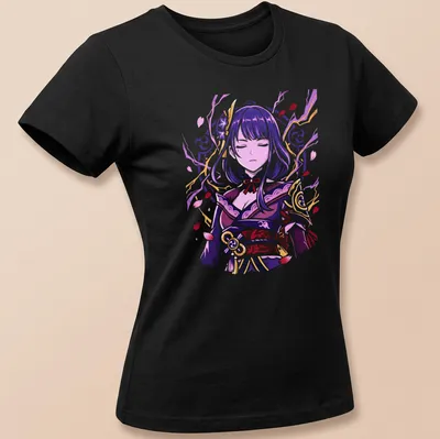 Elegant illustration of Raiden Shogun in purple, pink, gold, and white — printed on a women's shirt