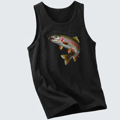 Realistic print of a rainbow trout leaping towards a fly in various colors — printed on a tank top