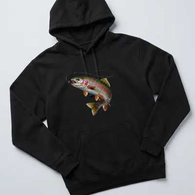 Realistic print of a rainbow trout leaping towards a fly in various colors — printed on a unisex hoodie