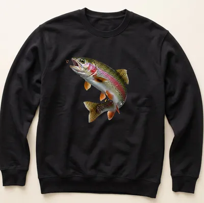 Realistic print of a rainbow trout leaping towards a fly in various colors — printed on a unisex sweatshirt