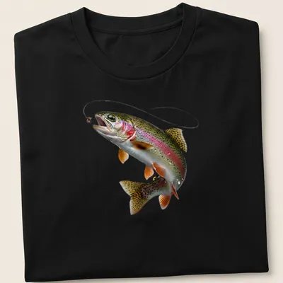 Realistic print of a rainbow trout leaping towards a fly in various colors