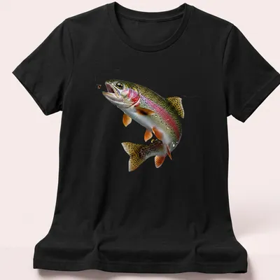 Realistic print of a rainbow trout leaping towards a fly in various colors — printed on a women's shirt