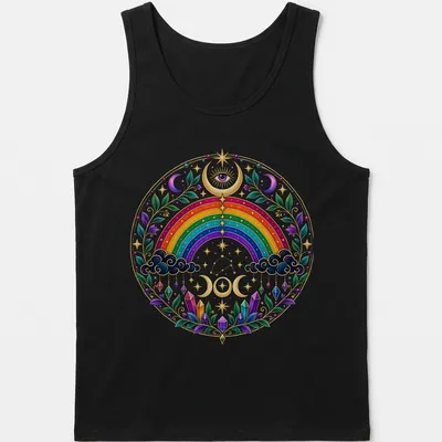 Colorful mandala featuring a rainbow witch design with mystical elements — printed on a tank top