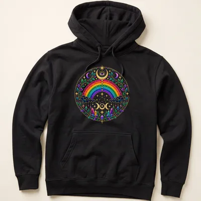 Colorful mandala featuring a rainbow witch design with mystical elements — printed on a unisex hoodie