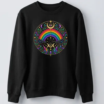 Colorful mandala featuring a rainbow witch design with mystical elements — printed on a unisex sweatshirt
