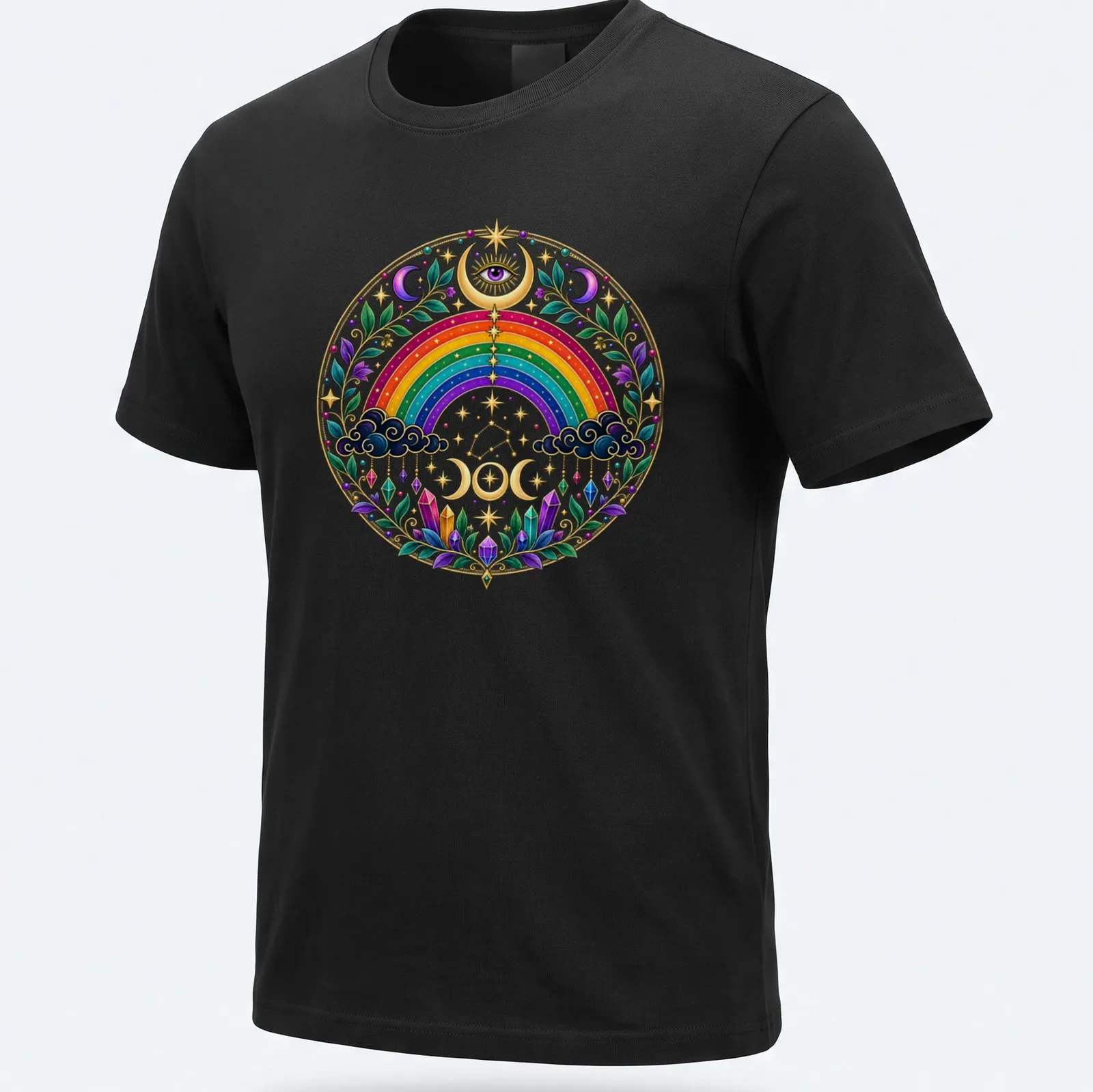 Colorful mandala featuring a rainbow witch design with mystical elements — printed on a unisex t-shirt