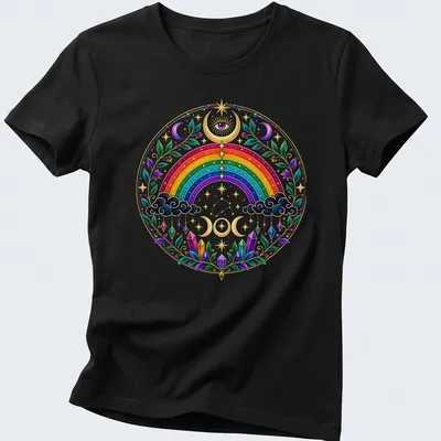 Colorful mandala featuring a rainbow witch design with mystical elements — printed on a women's shirt