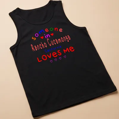 Colorful shirt featuring playful text about Rancho Cucamonga love — printed on a tank top