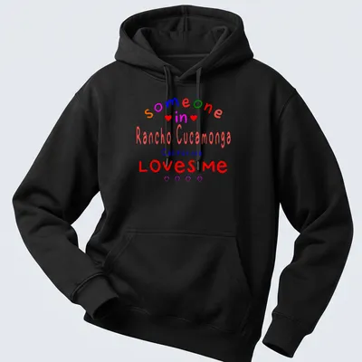 Colorful shirt featuring playful text about Rancho Cucamonga love — printed on a unisex hoodie