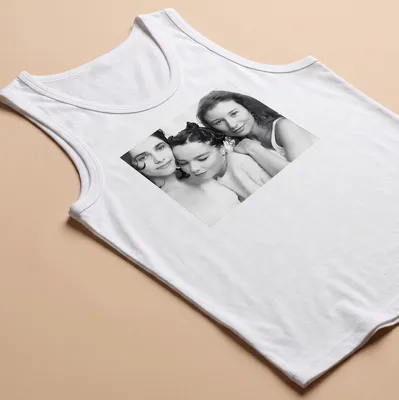 Black and white portrait of Bjork, PJ Harvey, and Tori Amos on — printed on a tank top