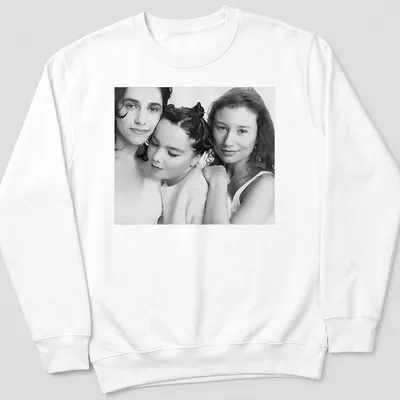 Black and white portrait of Bjork, PJ Harvey, and Tori Amos on — printed on a unisex sweatshirt