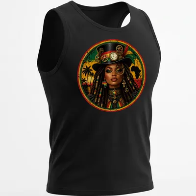 Illustration of a Rasta Queen with dreadlocks in steampunk style, featuring green, yellow, red, black, and gold colors — printed on a tank top