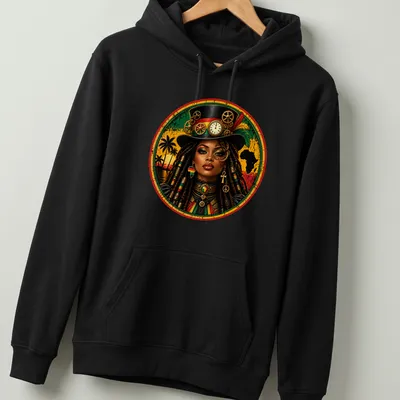 Illustration of a Rasta Queen with dreadlocks in steampunk style, featuring green, yellow, red, black, and gold colors — printed on a unisex hoodie